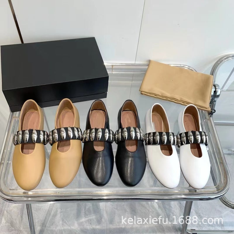 Niche Style Genuine Leather Round Toe Shallow Mouth Metal Belt Buckle Slip-On Flats Flats Loafers Ballet Shoes - Image 2