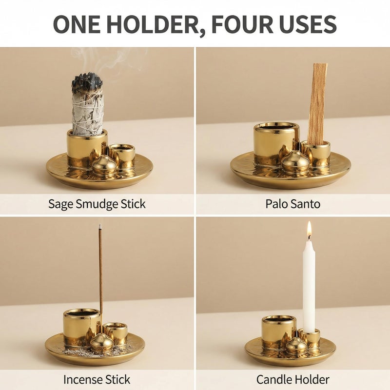 ToolSentryX Handmade Ceramic Incense Burner for Palo Santo Incense Sticks, 4 in 1 Multi-Purpose Sage Holder for Burning, Ash Catcher Tray for Meditation Yoga Room (Golden) - Image 2