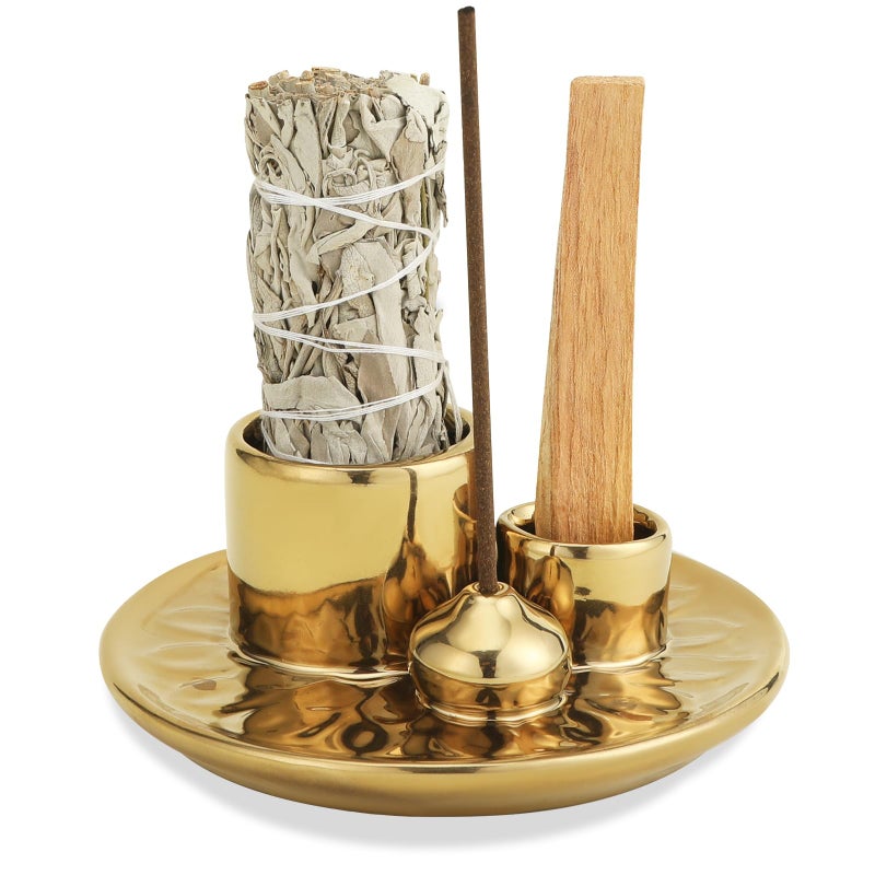 ToolSentryX Handmade Ceramic Incense Burner for Palo Santo Incense Sticks, 4 in 1 Multi-Purpose Sage Holder for Burning, Ash Catcher Tray for Meditation Yoga Room (Golden) - Image 1