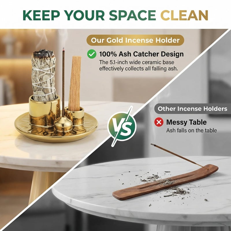 ToolSentryX Handmade Ceramic Incense Burner for Palo Santo Incense Sticks, 4 in 1 Multi-Purpose Sage Holder for Burning, Ash Catcher Tray for Meditation Yoga Room (Golden) - Image 3