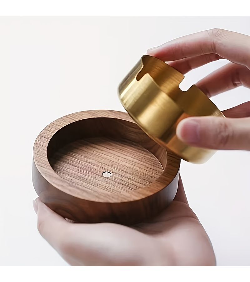 Golden Solid Wood Round Ashtray With Stainless Steel Tank And Detachable Lid For Easy Cleaning For Cafes Pubs Nightclubs Homes Offices And Backyards - Image 4