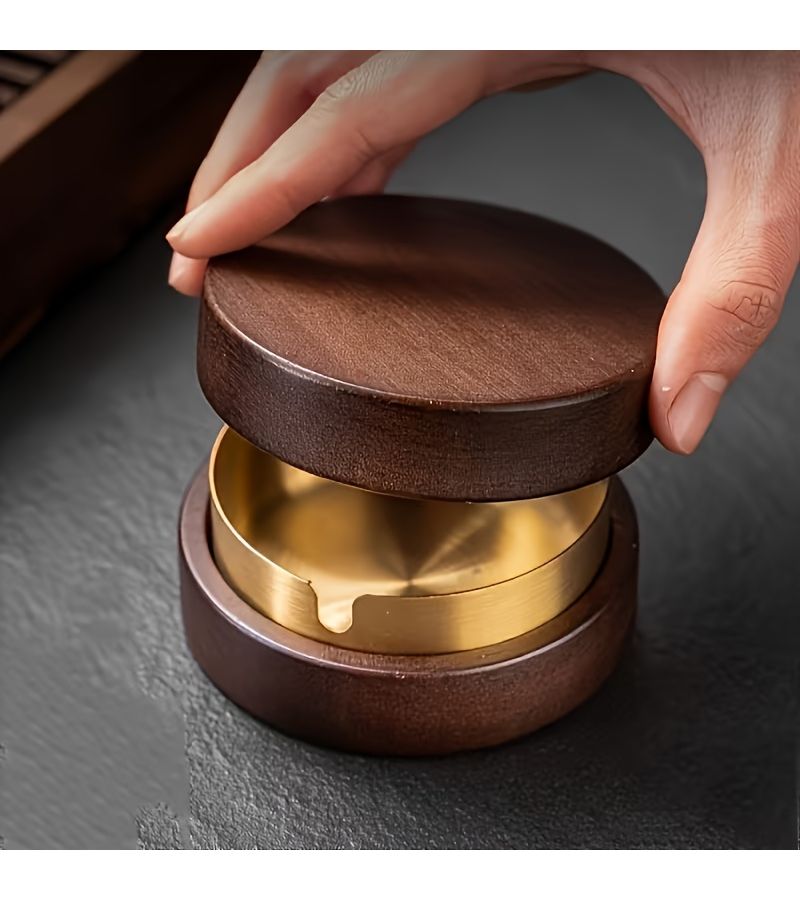 Golden Solid Wood Round Ashtray With Stainless Steel Tank And Detachable Lid For Easy Cleaning For Cafes Pubs Nightclubs Homes Offices And Backyards - Image 5