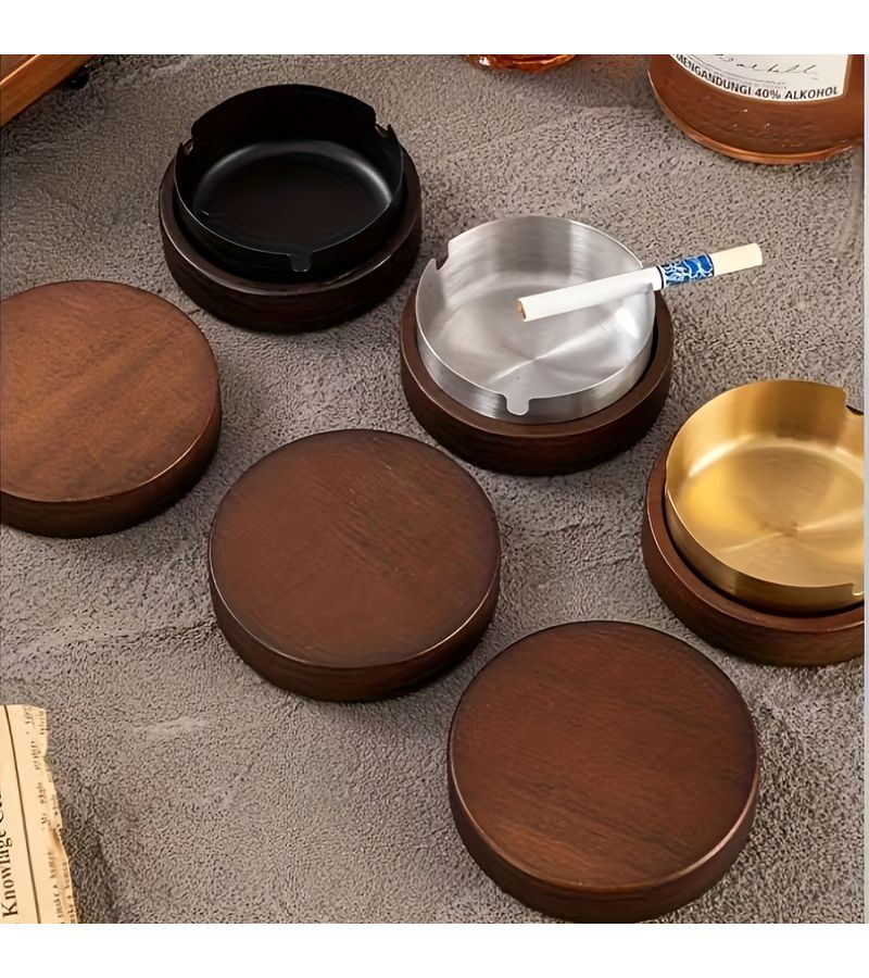 Golden Solid Wood Round Ashtray With Stainless Steel Tank And Detachable Lid For Easy Cleaning For Cafes Pubs Nightclubs Homes Offices And Backyards - Image 1