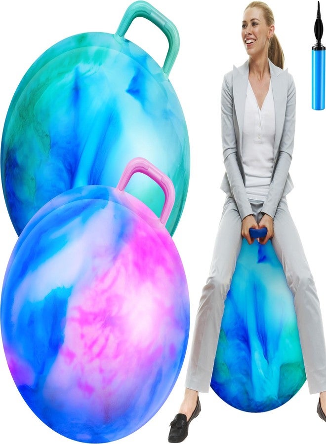 Lewtemi 2 Pcs 29 Inch Big Hopper Ball Jumping Hopping Inflatable Bouncing Ball with Handle and Air Pump for Adults Carnival Outdoor Sports Game(Blue Green Cloud, Blue Pink Cloud) - Image 1