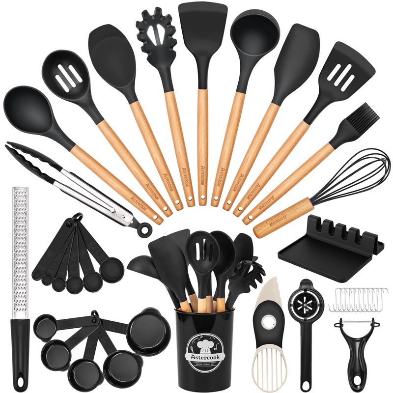 Astercook 39 PCS Kitchen Utensils Set, Silicone Cooking Utensil Sets with Wooden Handle, 446Â°F Heat Resistant Food Grade Spatula Set, BPA Free Kitchen Gadgets Tools Set & Spoons for Nonstick Cookware - Image 1
