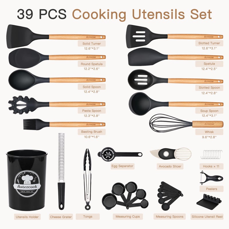 Astercook 39 PCS Kitchen Utensils Set, Silicone Cooking Utensil Sets with Wooden Handle, 446Â°F Heat Resistant Food Grade Spatula Set, BPA Free Kitchen Gadgets Tools Set & Spoons for Nonstick Cookware - Image 2