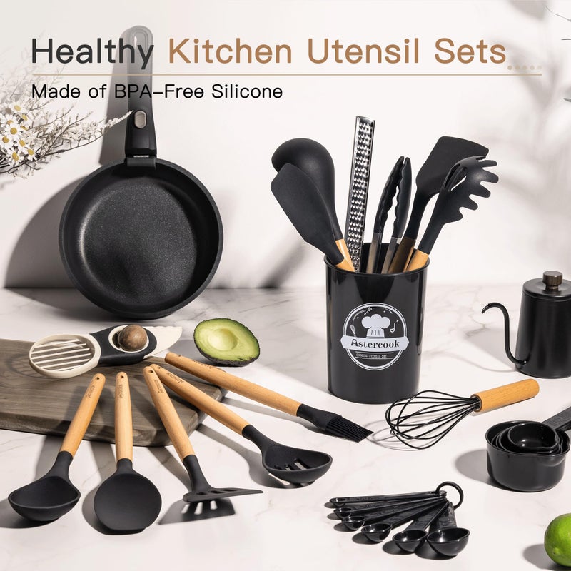 Astercook 39 PCS Kitchen Utensils Set, Silicone Cooking Utensil Sets with Wooden Handle, 446Â°F Heat Resistant Food Grade Spatula Set, BPA Free Kitchen Gadgets Tools Set & Spoons for Nonstick Cookware - Image 3