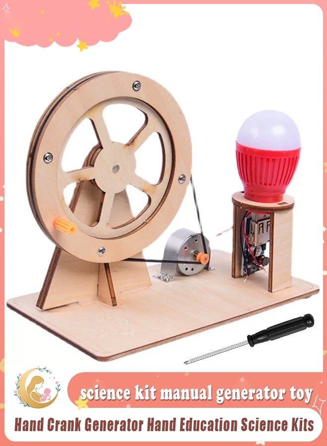 BEBLOSSOM Wooden hand cranked generator – science kit manual generator toy, physics experiment puzzle light bulb for kids, educational science experiments for children age 6-14 - Image 1