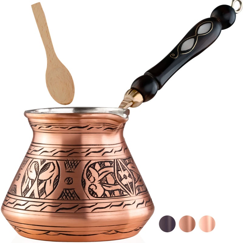 BCS 18 Oz XLarge Copper Turkish Greek Arabic Coffee Pot with Wooden Handle 6 servings Cezve Ibrik Briki Stovetop Coffee Maker Includes Wooden Spoon