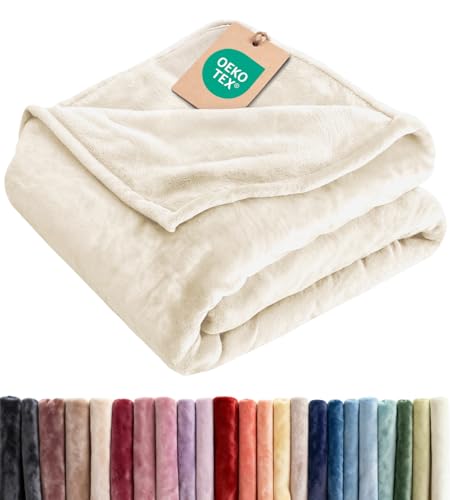 CGK Unlimited Ultra Soft Fleece Blanket Throw Size Flannel Fleece Luxury Throw Blanket Lightweight for Couch Bed Chair Thick Warm and Breathable All Season Cozy Fuzzy AntiStatic Microplush Bedding Cream - Image 1
