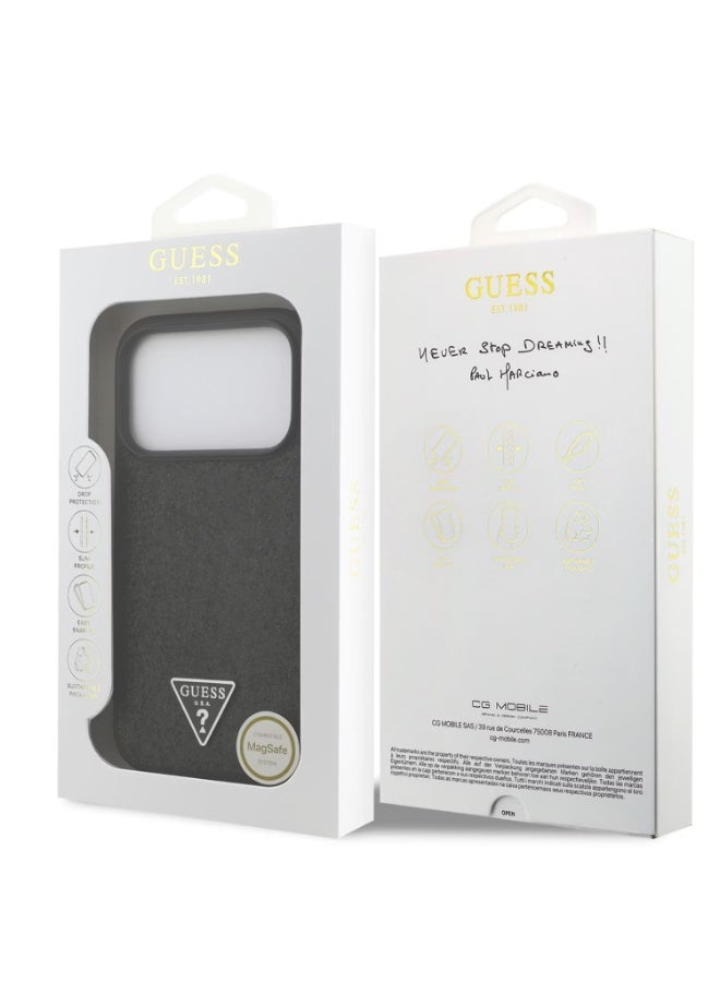 جس جراب Guess MagSafe من جلد البولي يوريثان اللامع الثابت مع شعار مثلث لهاتف iPhone 17 Pro Max، تصميم رفيع، سهل التركيب، تغليف مستدام، قبضة مريحة، حماية من السقوط، تصميم خفيف الوزن - أسود - Image 1