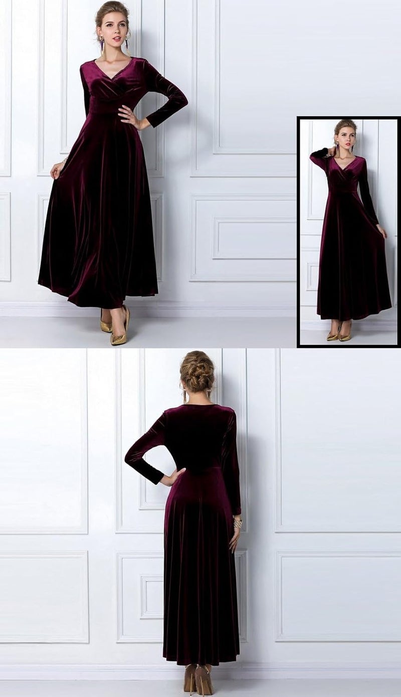 Women's Christmas Long Sleeve V Neck Velvet Maxi Dress - Wine Red XL - Image 3