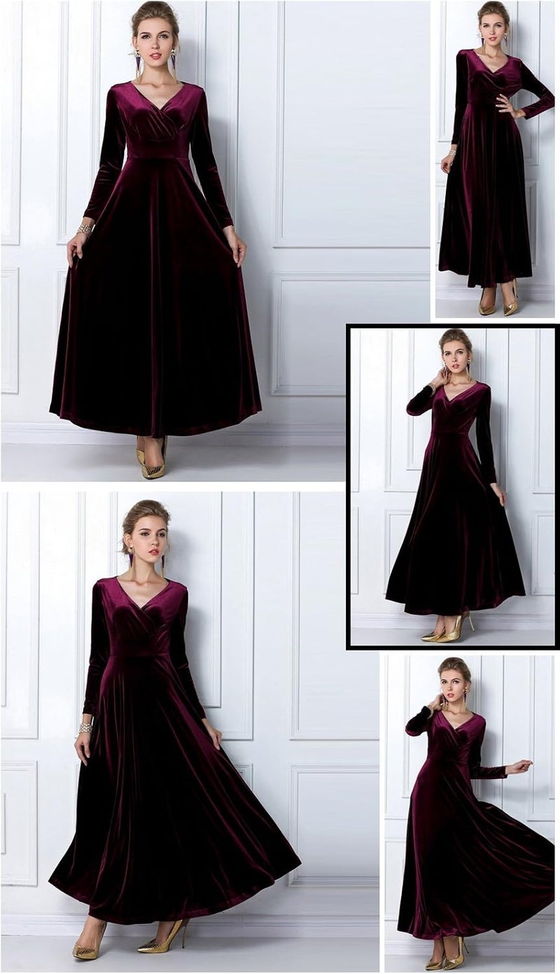 Women's Christmas Long Sleeve V Neck Velvet Maxi Dress - Wine Red XL - Image 5