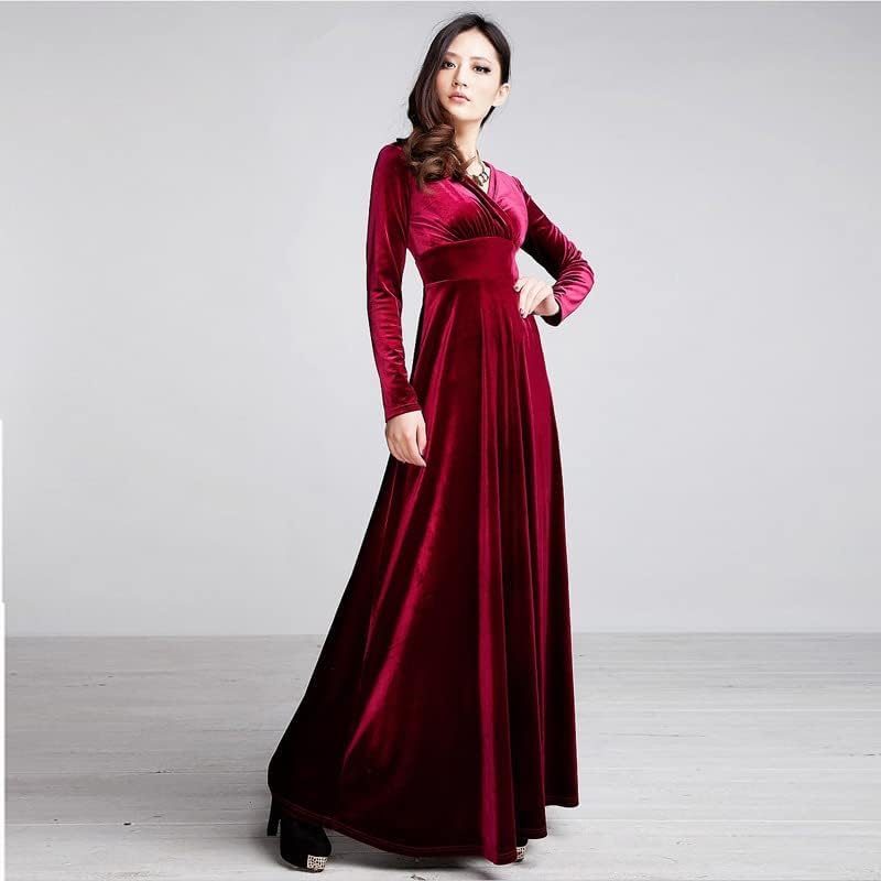 Women's Christmas Long Sleeve V Neck Velvet Maxi Dress - Wine Red XL - Image 4