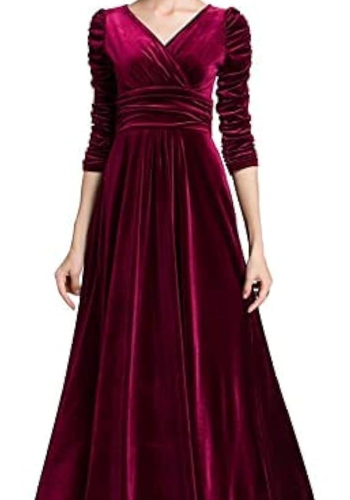Women's Christmas Long Sleeve V Neck Velvet Maxi Dress - Wine Red XL - Image 1