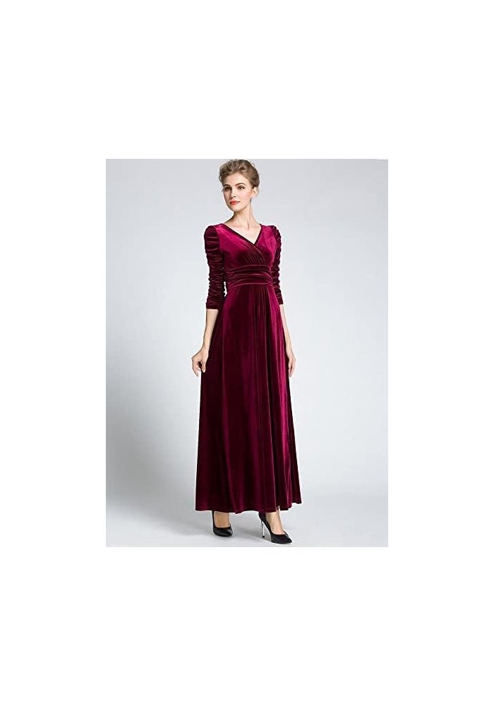 Women's Christmas Long Sleeve V Neck Velvet Maxi Dress - Wine Red XL - Image 2