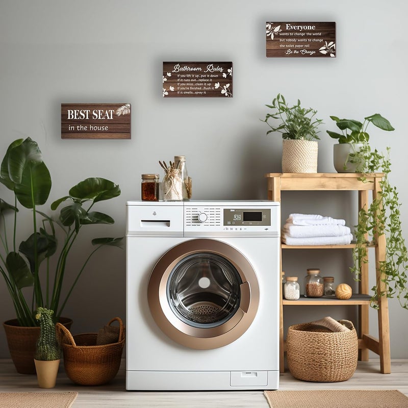 DONFENTHY 3 Pieces Brown Bathroom Decor Bathroom Rules Wall Art Brown Bathroom Accessories Best Seat in The House Funny Rustic Farmhouse Wooden Sign for Bathroom Toilet Wall Decor (Brown 10x5 Inch) - Image 3