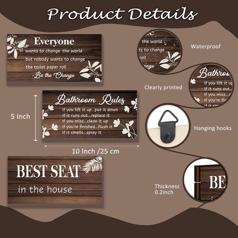 DONFENTHY 3 Pieces Brown Bathroom Decor Bathroom Rules Wall Art Brown Bathroom Accessories Best Seat in The House Funny Rustic Farmhouse Wooden Sign for Bathroom Toilet Wall Decor (Brown 10x5 Inch) - Image 4