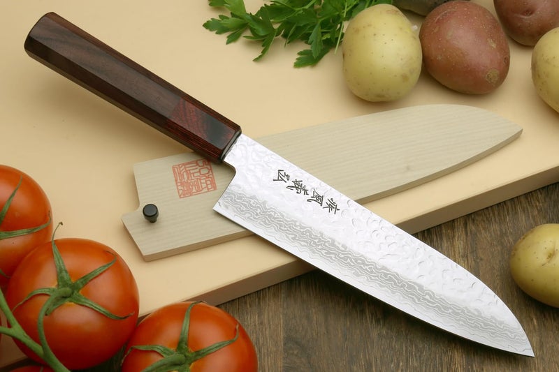 Yoshihiro VG10 46 Layers Hammered Damascus Santoku Japanese Multipurpose Chef Knife (7"(180mm) Rosewood Handle) - Image 2