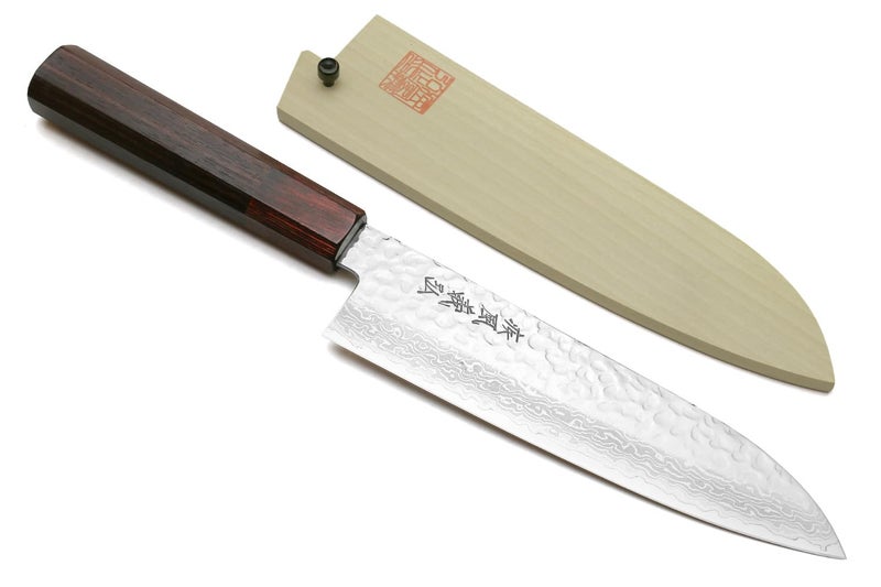 Yoshihiro VG10 46 Layers Hammered Damascus Santoku Japanese Multipurpose Chef Knife (7"(180mm) Rosewood Handle) - Image 1