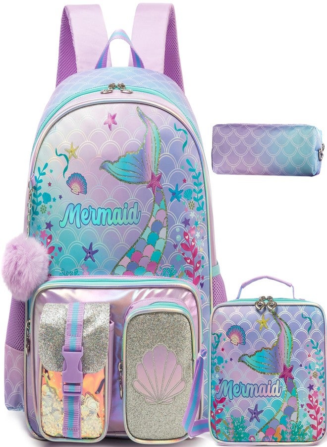 HTgroce Backpacks for kids School Backpack for Girls Elementary School Bags, Purple Mermaid - Image 1