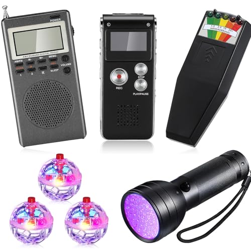 Saillong 7 Pcs Ghost Hunting Equipment Kit 1 Electromagnetic Paranormal Radiation Detector 1 Digital EVP Voice Recorder 1 Hand Held Radio 1 UV Flashlight 3 LED Light up Cat Balls, 8gb(Clear) - Image 1