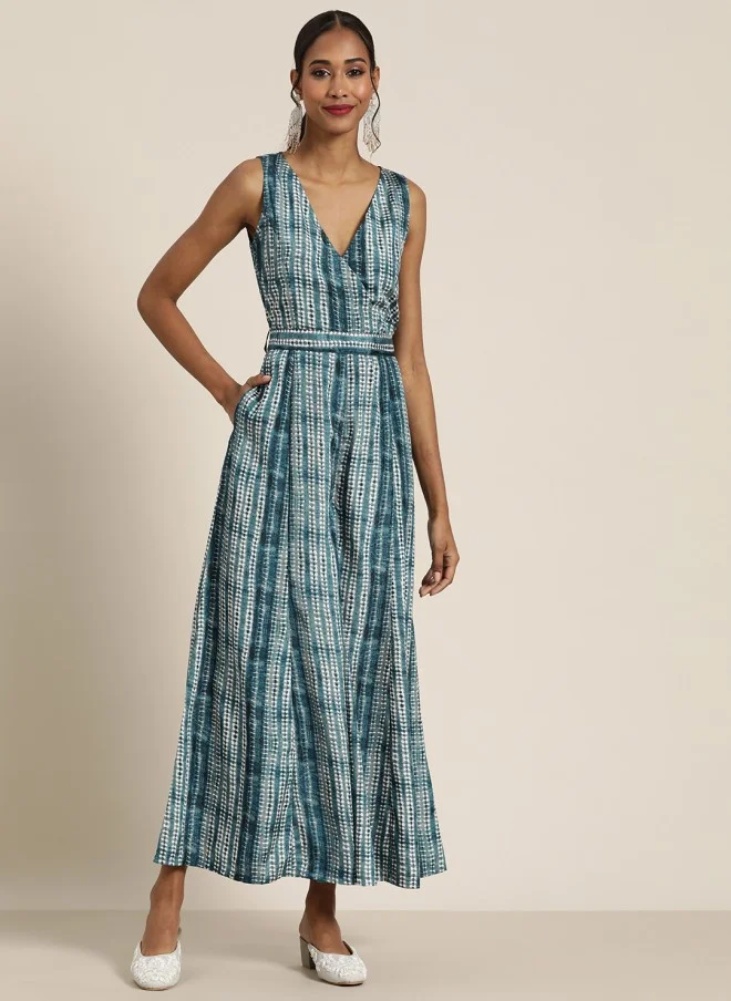 ساسافراس Teal & White Printed Basic Jumpsuit for Women