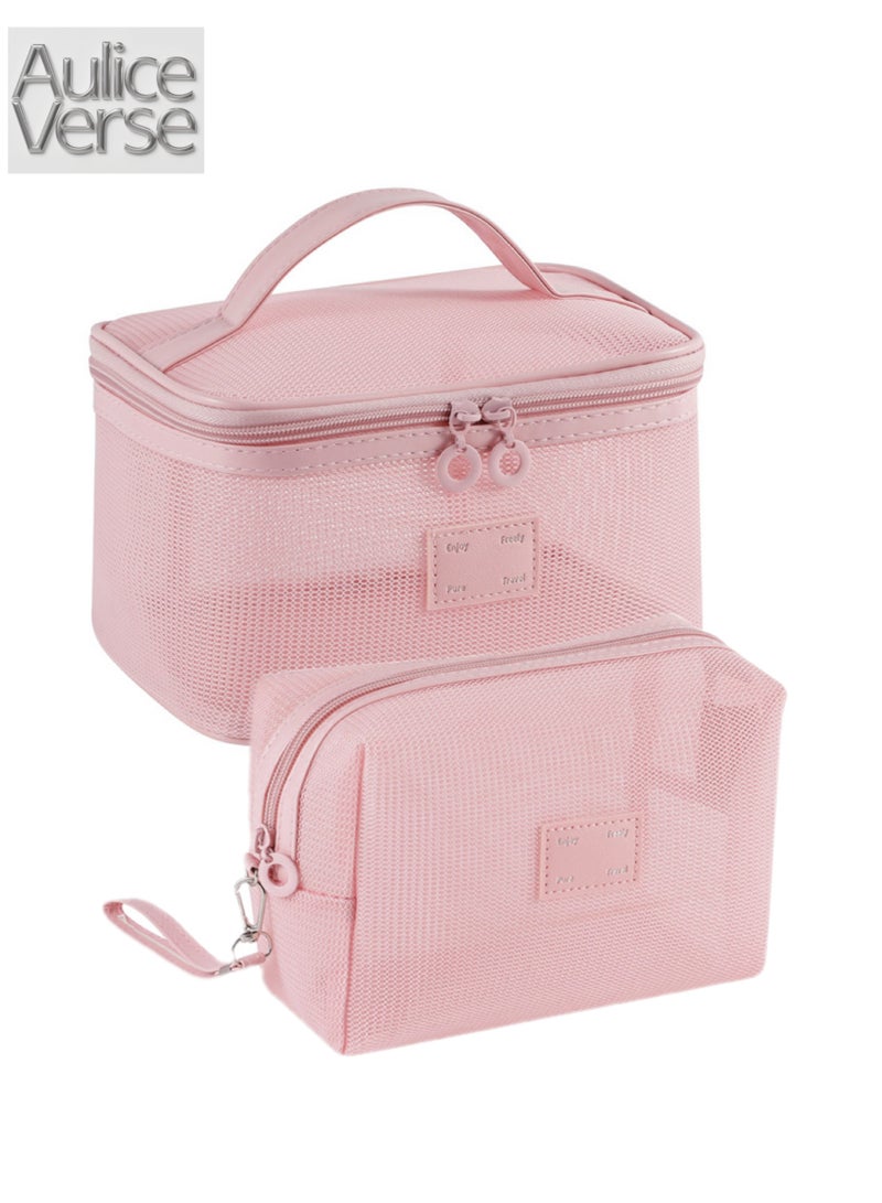 أوليس فيرس  حقيبة مكياج شبكية خفيفة الوزن - سعة كبيرة تتنفس ومتينة بمقابض مجموعة سفر وردية من قطعتين - Image 1