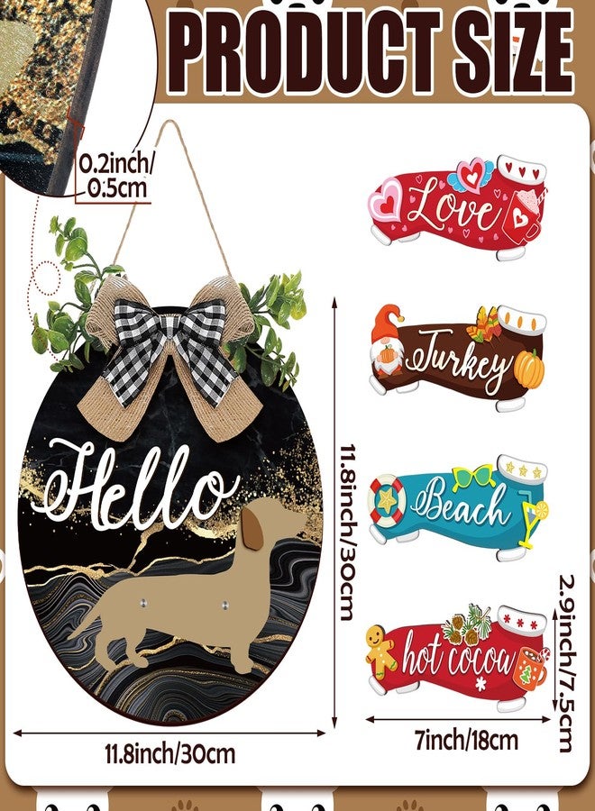 جلينمال مجموعة جلينمال المكونة من 16 قطعة من زينة تعليق الأبواب الخشبية القابلة للتبديل على شكل كلب داشهوند ريفي، لافتة منزلية موسمية قابلة للاستبدال، لافتة ترحيب عمودية معلقة قابلة للاستبدال، ديكور باب أمامي وشرفة (أسود، ذهبي) - Image 3