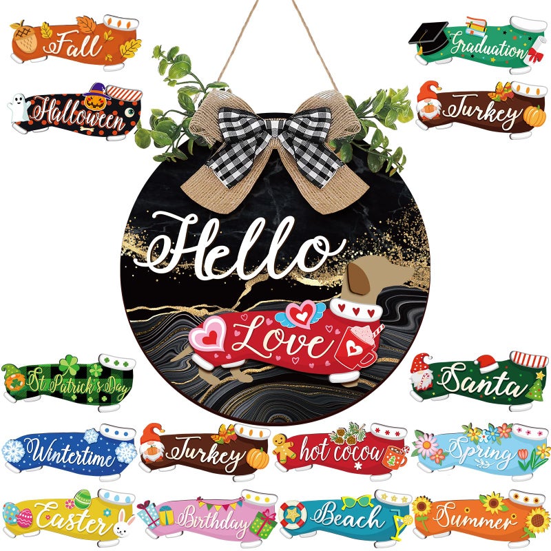 جلينمال مجموعة جلينمال المكونة من 16 قطعة من زينة تعليق الأبواب الخشبية القابلة للتبديل على شكل كلب داشهوند ريفي، لافتة منزلية موسمية قابلة للاستبدال، لافتة ترحيب عمودية معلقة قابلة للاستبدال، ديكور باب أمامي وشرفة (أسود، ذهبي) - Image 1