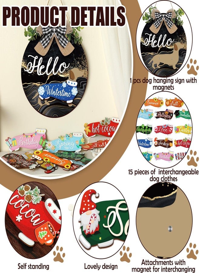 جلينمال مجموعة جلينمال المكونة من 16 قطعة من زينة تعليق الأبواب الخشبية القابلة للتبديل على شكل كلب داشهوند ريفي، لافتة منزلية موسمية قابلة للاستبدال، لافتة ترحيب عمودية معلقة قابلة للاستبدال، ديكور باب أمامي وشرفة (أسود، ذهبي) - Image 4