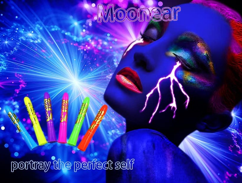 Moonear Glow in The Black Light Face Paint Crayons Kit, UV Black Light Makeup Neon Face and Body Paint Sticks Markers for Mardi Gras Halloween Masquerades Makeup - Image 2