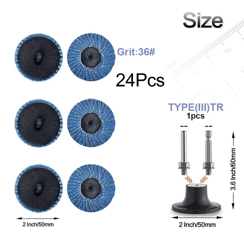 Tshya 24 Pcs 2 inch Roll Lock Flap Discs with 1/4" Holder Die Grinder Accessories T27 Zirconia Flat 36 Grit Grinding Wheels for Surface Prep(36 Grit) - Image 2