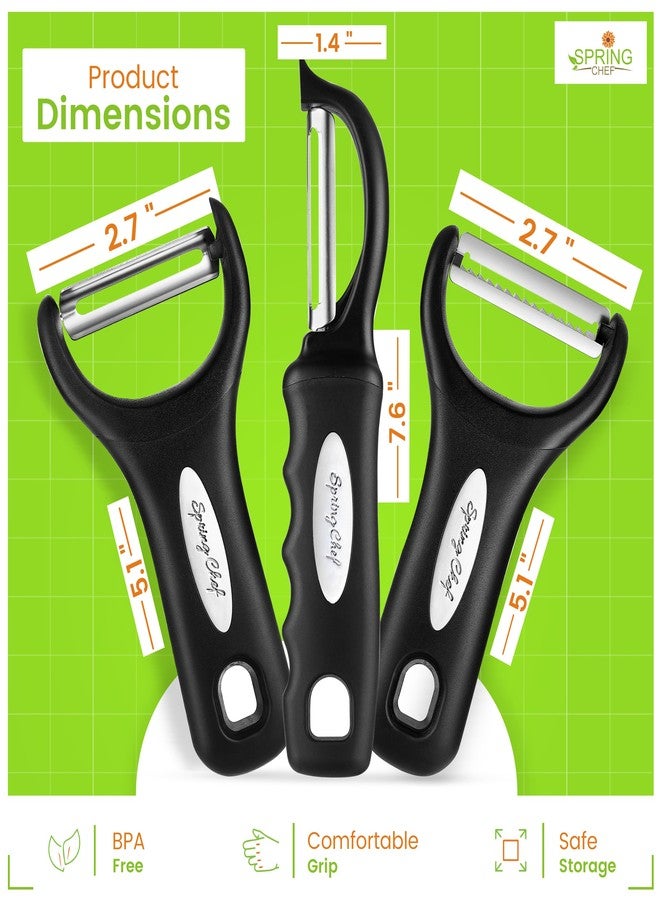Spring Chef Stainless Steel Swivel, Y & Julienne Vegetable Peelers for Kitchen, Potato Peelers with Soft Grip Handles, Kitchen Utensils Set of 3 for Fruits, Veggies, Apple, Carrot, Cucumber - Black - Image 3