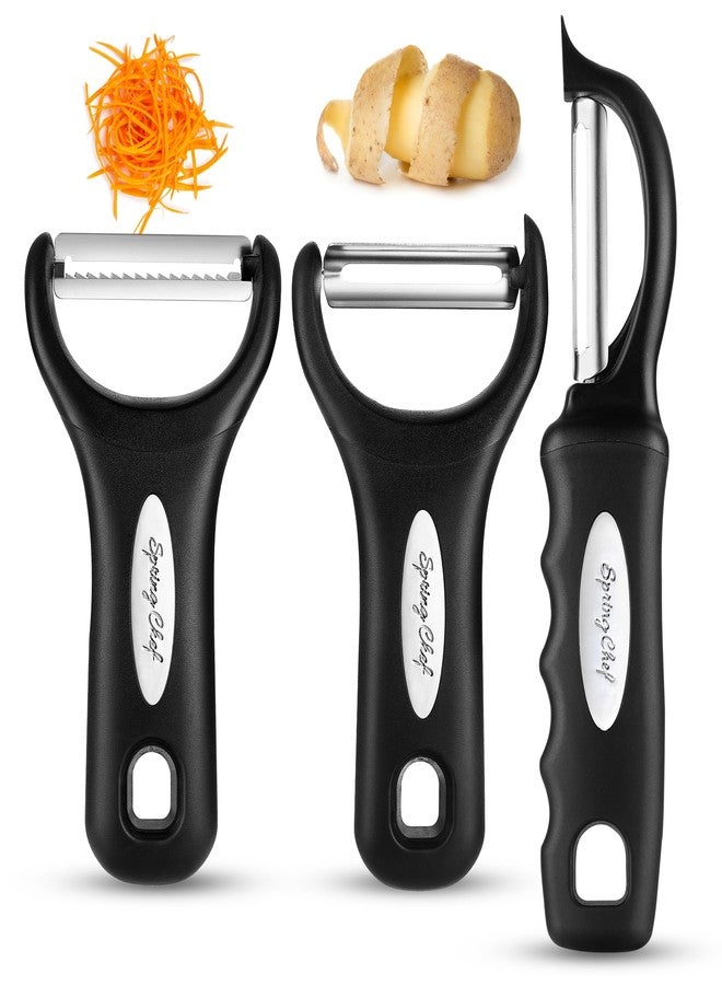 Spring Chef Stainless Steel Swivel, Y & Julienne Vegetable Peelers for Kitchen, Potato Peelers with Soft Grip Handles, Kitchen Utensils Set of 3 for Fruits, Veggies, Apple, Carrot, Cucumber - Black - Image 1
