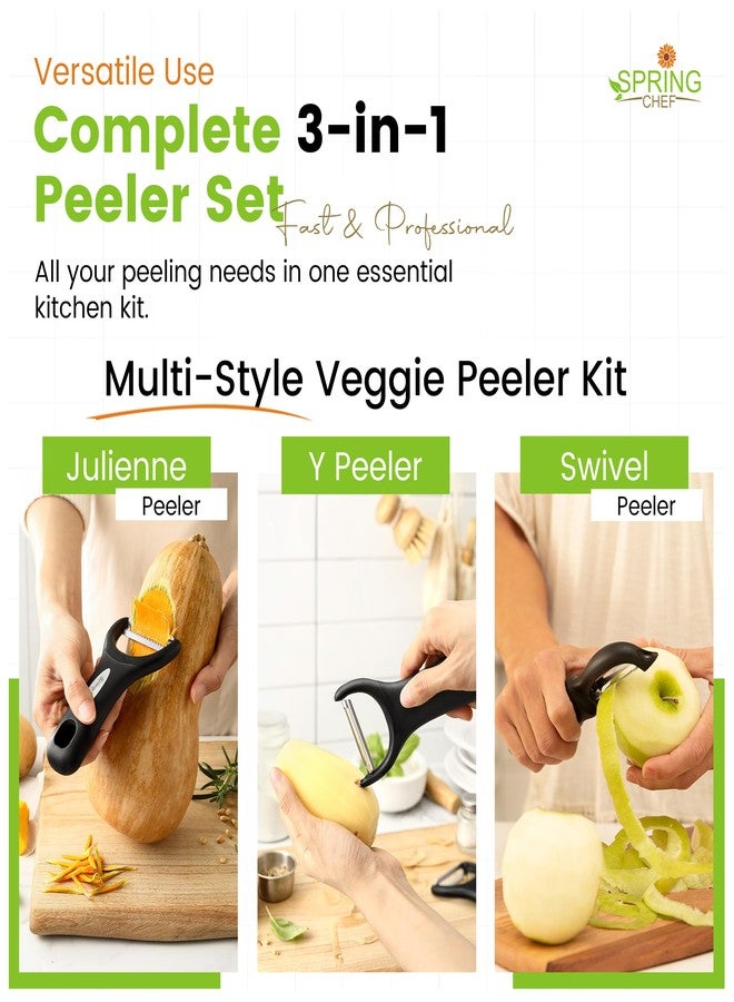 Spring Chef Stainless Steel Swivel, Y & Julienne Vegetable Peelers for Kitchen, Potato Peelers with Soft Grip Handles, Kitchen Utensils Set of 3 for Fruits, Veggies, Apple, Carrot, Cucumber - Black - Image 2