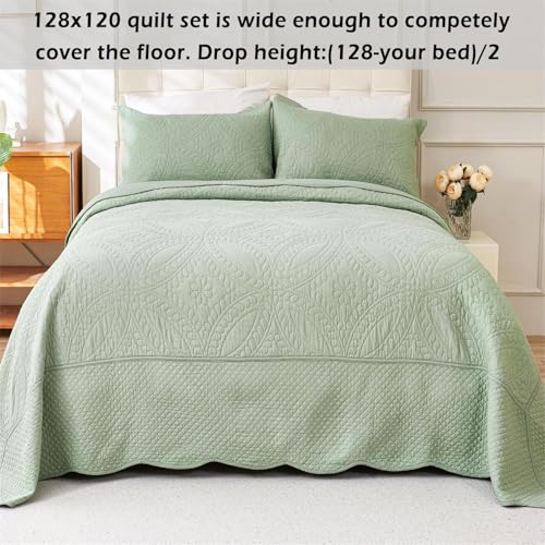 Cmfshape 100% Cotton Quilt Oversized King Size-Sage Green Bedspread 128"x120"-Coin Pattern Bedding Set 3 Pieces-Pre-Washed Lightweight Microfiber Coverlet-Suitable for Bed,Couch,Quilt Blanket All Seasons - Image 2