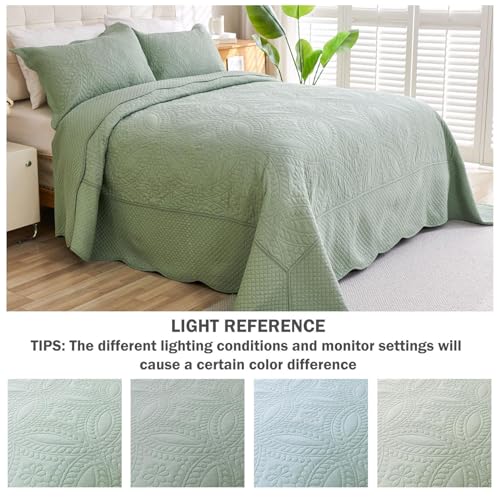 Cmfshape 100% Cotton Quilt Oversized King Size-Sage Green Bedspread 128"x120"-Coin Pattern Bedding Set 3 Pieces-Pre-Washed Lightweight Microfiber Coverlet-Suitable for Bed,Couch,Quilt Blanket All Seasons - Image 3