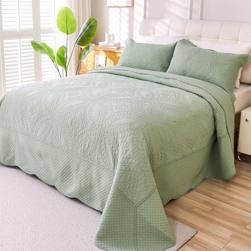 Cmfshape 100% Cotton Quilt Oversized King Size-Sage Green Bedspread 128"x120"-Coin Pattern Bedding Set 3 Pieces-Pre-Washed Lightweight Microfiber Coverlet-Suitable for Bed,Couch,Quilt Blanket All Seasons - Image 1