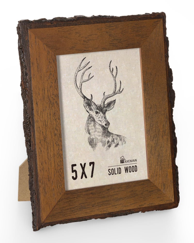 Axeman Rustic 5x7 Picture Frame|Natural Solid Wood 5 x 7 Photo Frame with Live Bark Edges|Tempered Glass|5 by 7 Vintage Frame for Tabletop or Wall Display|Farmhouse Countryside Decor - Image 1
