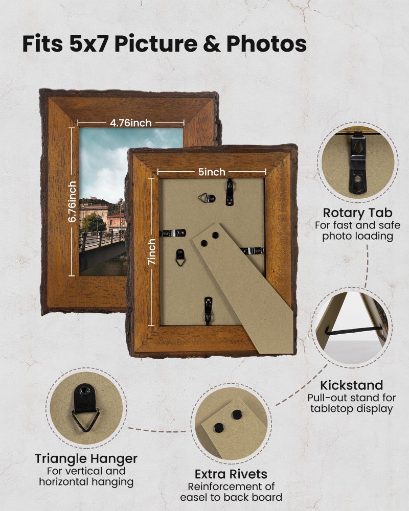 Axeman Rustic 5x7 Picture Frame|Natural Solid Wood 5 x 7 Photo Frame with Live Bark Edges|Tempered Glass|5 by 7 Vintage Frame for Tabletop or Wall Display|Farmhouse Countryside Decor - Image 5