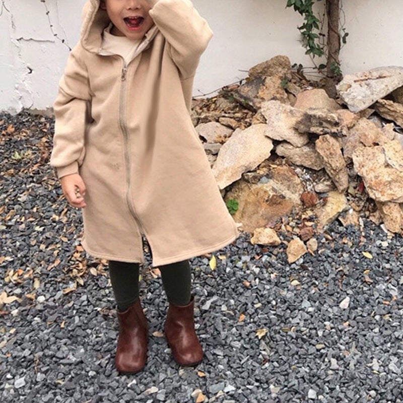 Winter Wear Korean Style Childrens Wear New Boys and Girls Han Faner Simple fleece-lined Sweatshirt Hooded Long Casual Jacket Apricot (send shoelaces) 