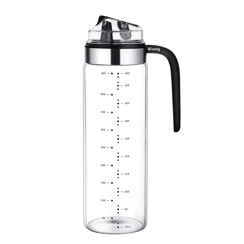 Wrixty Auto Flip Olive Oil Glass Bottle Leak Proof Condiment Container with Non Slip Handle Automatic Cap and Stopper Glass Bottles for Kitchen Cooking Transparent 550 ML