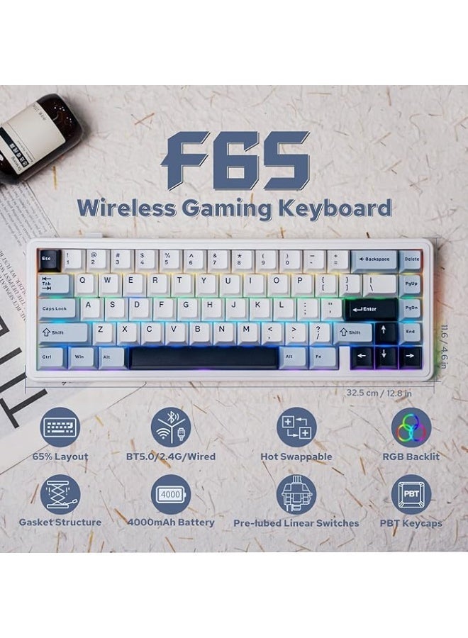 أولا لوحة مفاتيح AULA F65 ميكانيكية لاسلكية للألعاب 65% بنظام Gasket، قابلة لتبديل السويتش، إضاءة RGB، سويتش Reaper الخطي، بلوتوث / 2.4G / USB-C – أزرق فاتح - Image 2