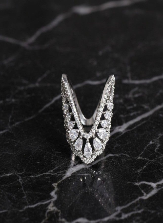 ZEELLO V-Shaped Ring with Pear-Cut Cubic Zirconia Stones, Chevron Design - Image 4