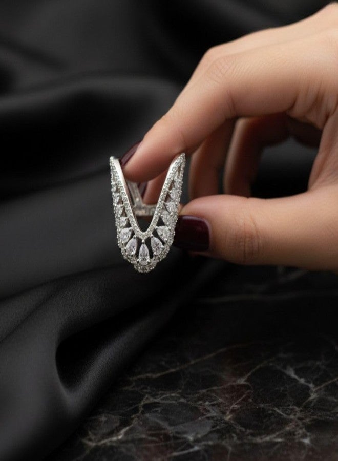 ZEELLO V-Shaped Ring with Pear-Cut Cubic Zirconia Stones, Chevron Design - Image 2