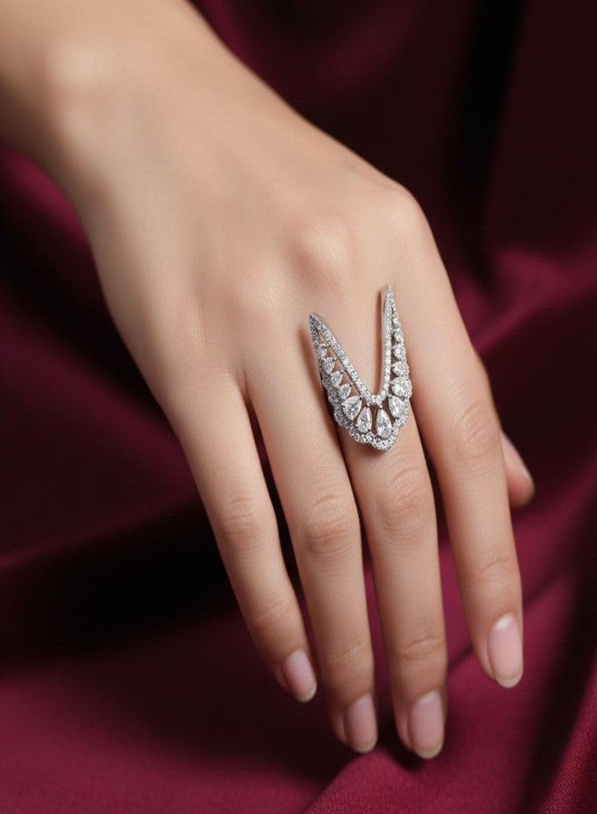 ZEELLO V-Shaped Ring with Pear-Cut Cubic Zirconia Stones, Chevron Design - Image 3