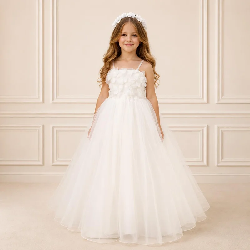 Via Bambino Ivory Floral-Waist Pleated Tulle Dress 5729