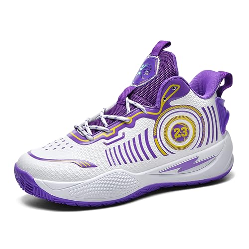 BEMYGREENBAG Men's Basketball Shoes High Top Non-Slip Shock Absorption Running Shoes Fashion Wear-Resistant Training Shoes White-Purple Size 6.5 - Image 1