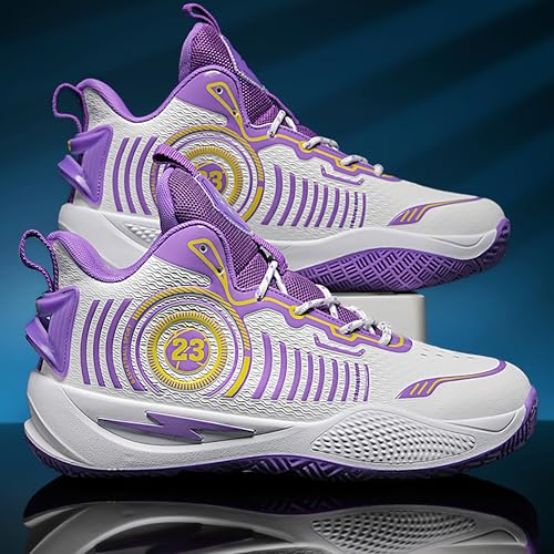 BEMYGREENBAG Men's Basketball Shoes High Top Non-Slip Shock Absorption Running Shoes Fashion Wear-Resistant Training Shoes White-Purple Size 6.5 - Image 4